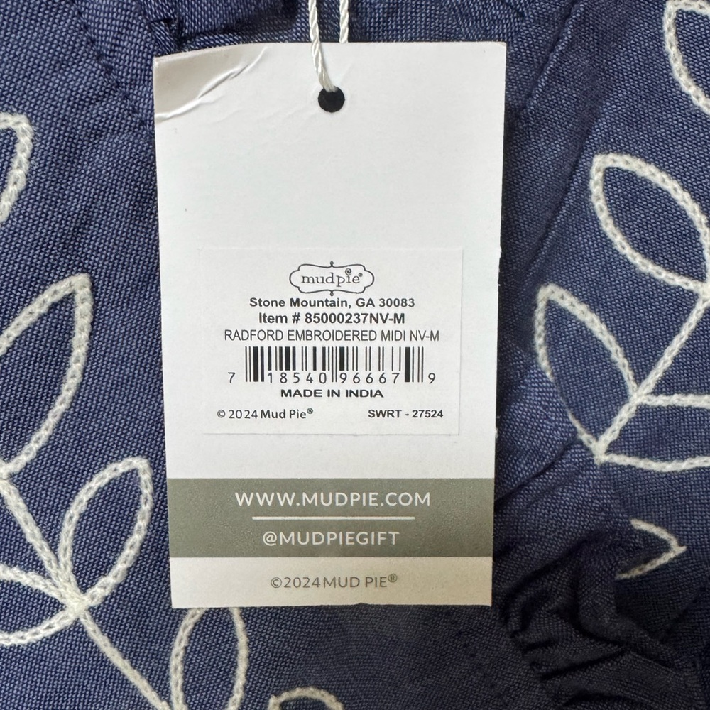 Mud Pie NWT Blue Radford Embroidered Midi Dress-M - Picture 5 of 12